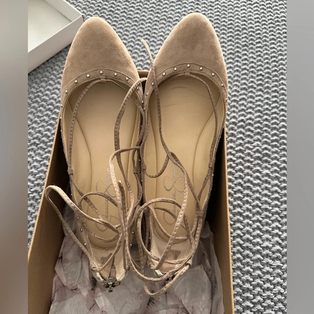 Jessica Simpson Taupe Lace-Up Suede Studded Flats - Picture 11 of 12